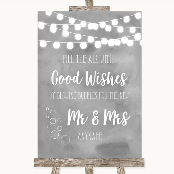 Grey Watercolour Lights Blow Bubbles Personalised Wedding Sign