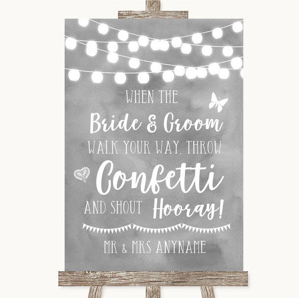 Grey Watercolour Lights Confetti Personalised Wedding Sign