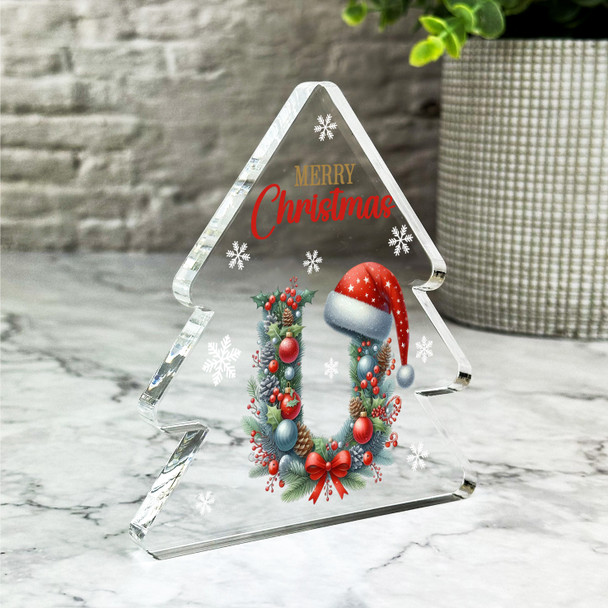 Floral Christmas Alphabet Santa Hat Letter U Gift Xmas Tree Keepsake Plaque