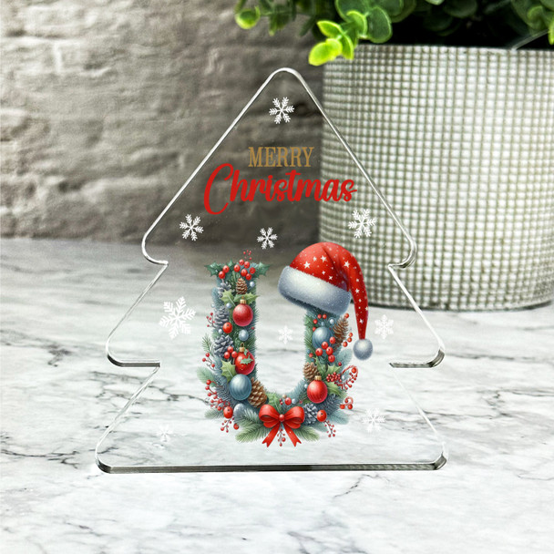 Floral Christmas Alphabet Santa Hat Letter U Gift Xmas Tree Keepsake Plaque