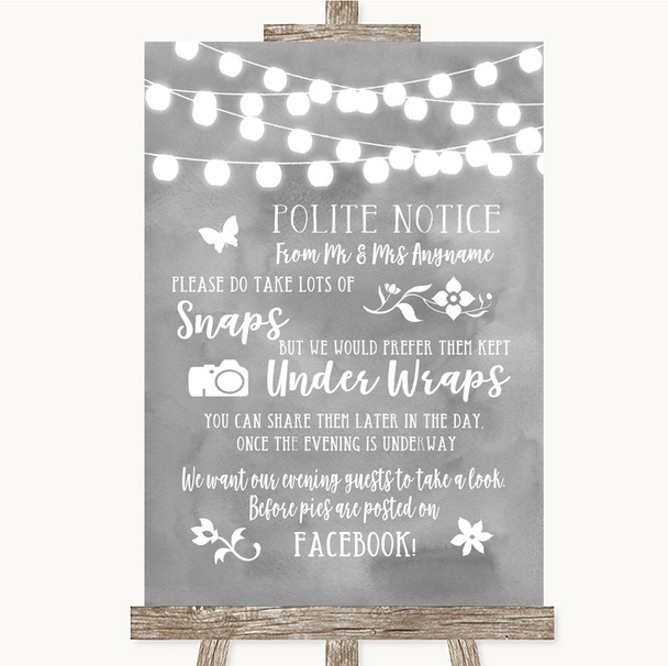 Grey Watercolour Lights Don't Post Photos Facebook Personalised Wedding Sign