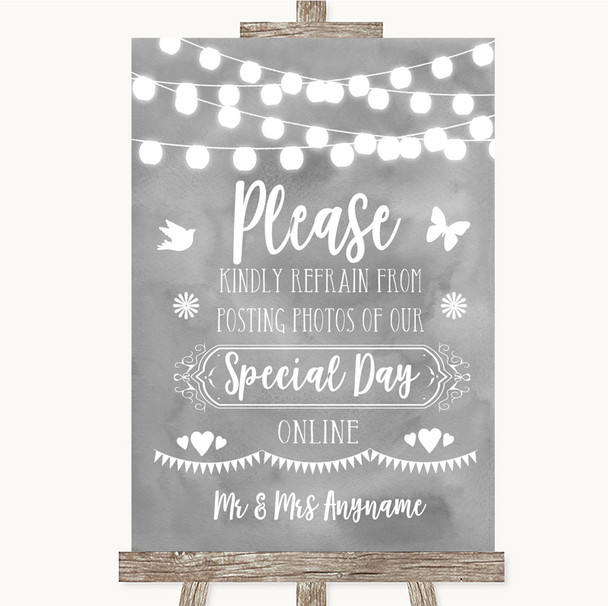 Grey Watercolour Lights Don't Post Photos Online Social Media Wedding Sign