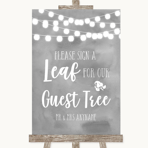 Grey Watercolour Lights Guest Tree Leaf Personalised Wedding Sign
