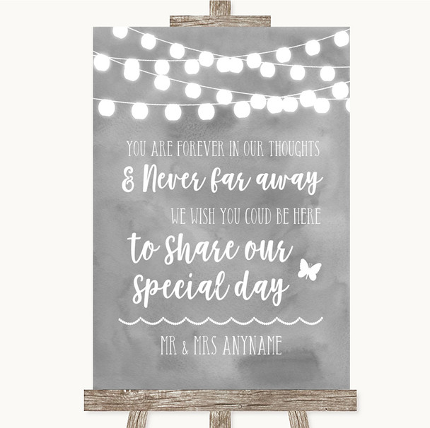 Grey Watercolour Lights In Our Thoughts Personalised Wedding Sign