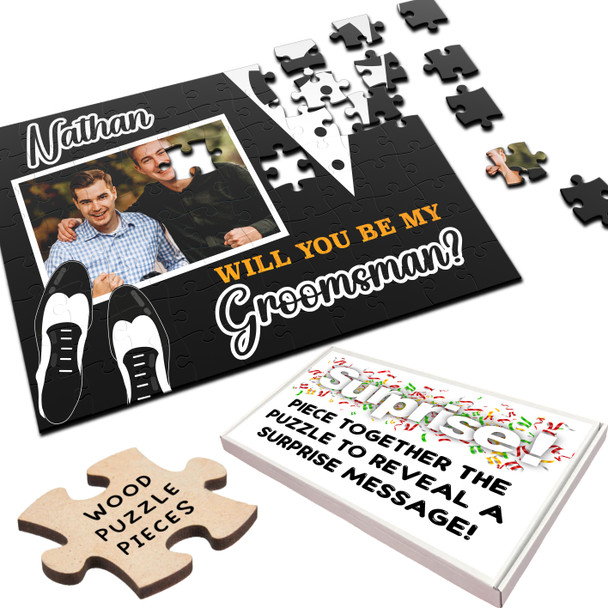 Will You Be My Groomsman Wedding Gift Suit Shoes Photo Custom Wood Jigsaw Puzzle Will You Be My Groomsman Wedding Gift Suit Shoes Photo Custom Wood Jigsaw Puzzle