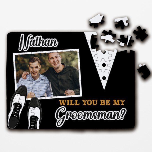 Will You Be My Groomsman Wedding Gift Suit Shoes Photo Custom Wood Jigsaw Puzzle Will You Be My Groomsman Wedding Gift Suit Shoes Photo Custom Wood Jigsaw Puzzle