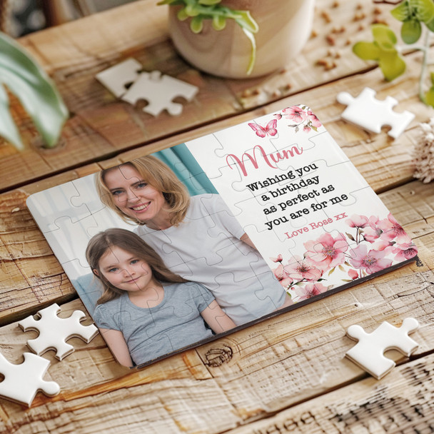 Birthday Gift For Mum Pink Floral Photo Custom Personalised Wooden Jigsaw Puzzle
