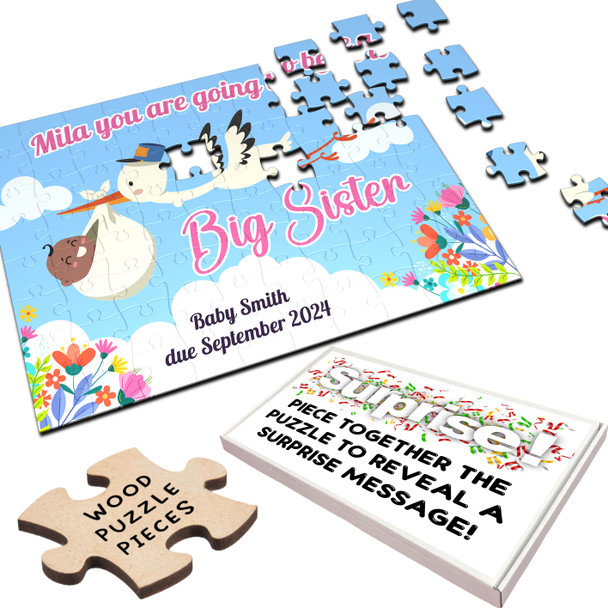 Big Sister Pregnancy Announcement Gift Stork Dark Skin Baby Custom Jigsaw Puzzle