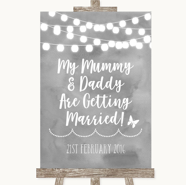 Grey Watercolour Lights Mummy Daddy Getting Married Personalised Wedding Sign