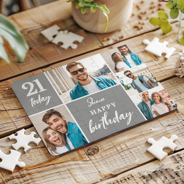 Grey Photo Collage 21st Birthday Gift Him Her Personalised Wooden Jigsaw Puzzle