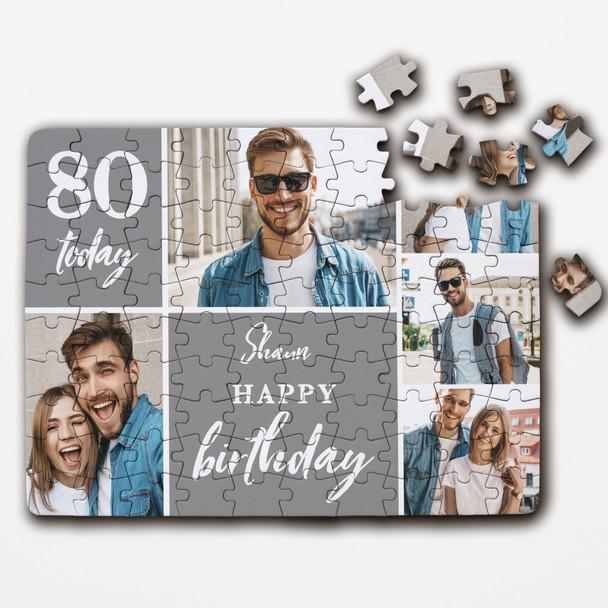 Grey Photo Collage 80th Birthday Gift Him Her Personalised Wooden Jigsaw Puzzle