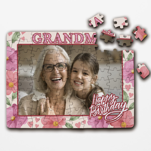 Photo Birthday Gift Grandma Floral Frame Personalised Wooden Jigsaw Puzzle
