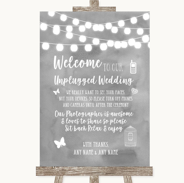 Grey Watercolour Lights No Phone Camera Unplugged Personalised Wedding Sign