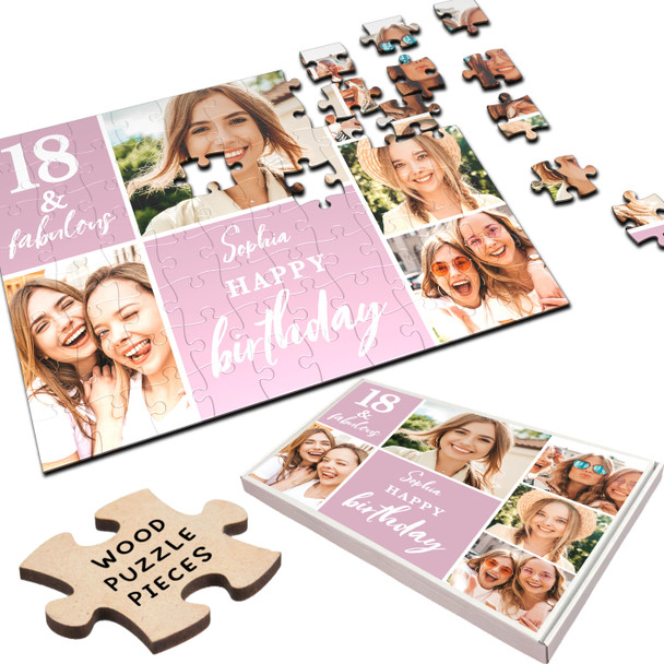 Pink Photo Collage 18th Birthday Gift For Her Personalised Wooden Jigsaw Puzzle