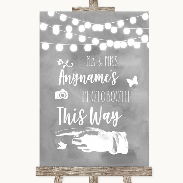 Grey Watercolour Lights Photobooth This Way Left Personalised Wedding Sign