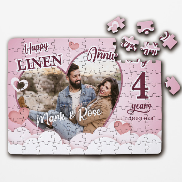 Linen Wedding 4th Anniversary Gift Photo Heart Personalised Wood Jigsaw Puzzle