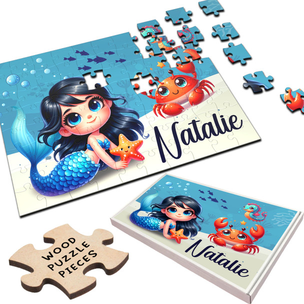 Black Hair Mermaids Sealife Gift For Girls Personalised Wooden Jigsaw Puzzle