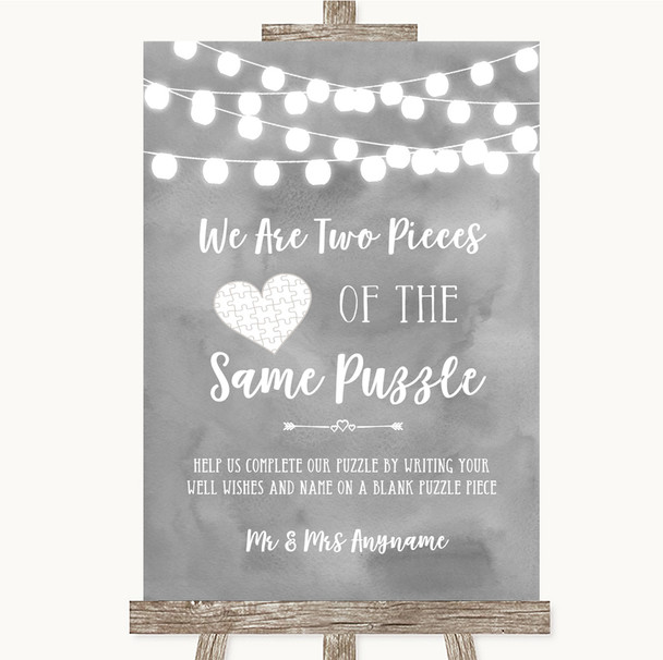 Grey Watercolour Lights Puzzle Piece Guest Book Personalised Wedding Sign