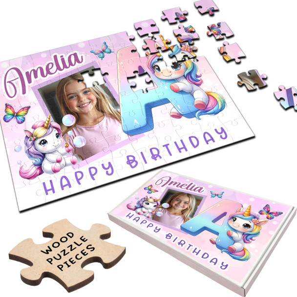 Kids Birthday Gift Girl Unicorn Letter A Photo Personalised Wooden Jigsaw Puzzle