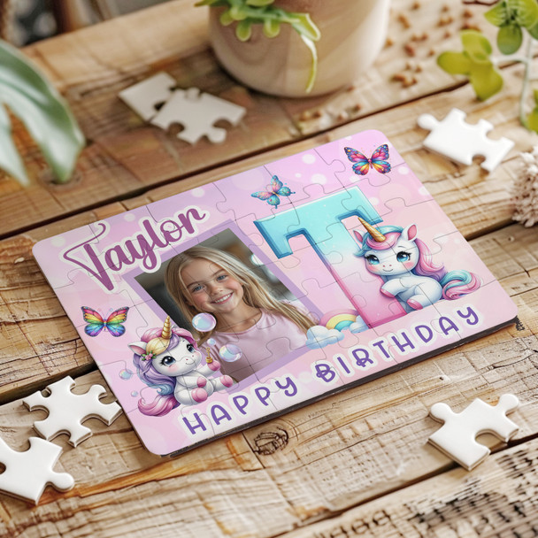 Kids Birthday Gift Girl Unicorn Letter T Photo Personalised Wooden Jigsaw Puzzle