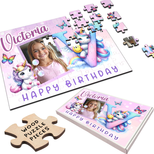 Kids Birthday Gift Girl Unicorn Letter V Photo Personalised Wooden Jigsaw Puzzle