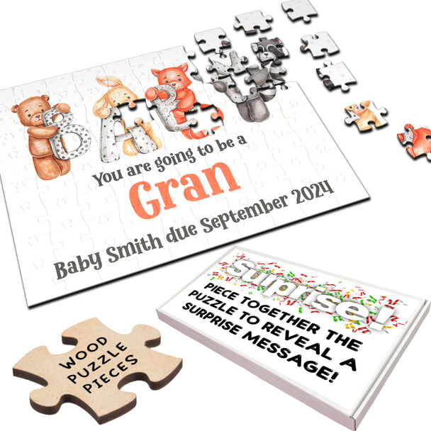 For Gran Pregnancy Baby Announcement Gift Animals Custom Wood Jigsaw Puzzle