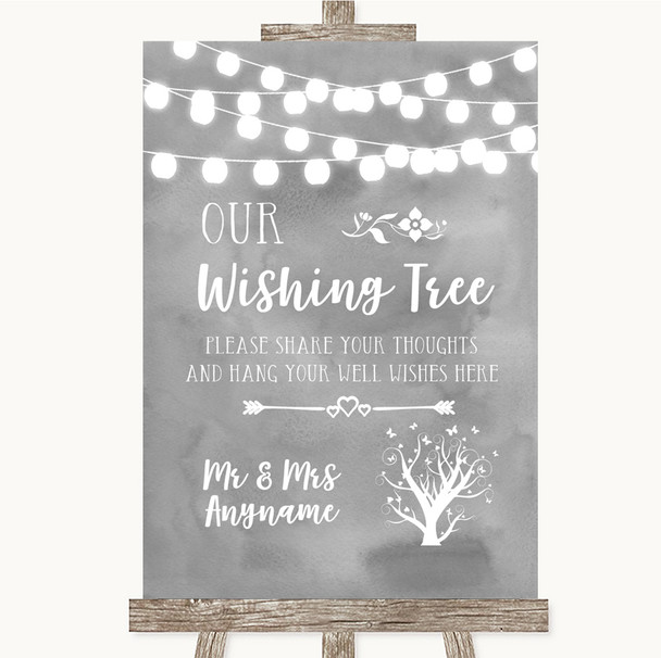 Grey Watercolour Lights Wishing Tree Personalised Wedding Sign
