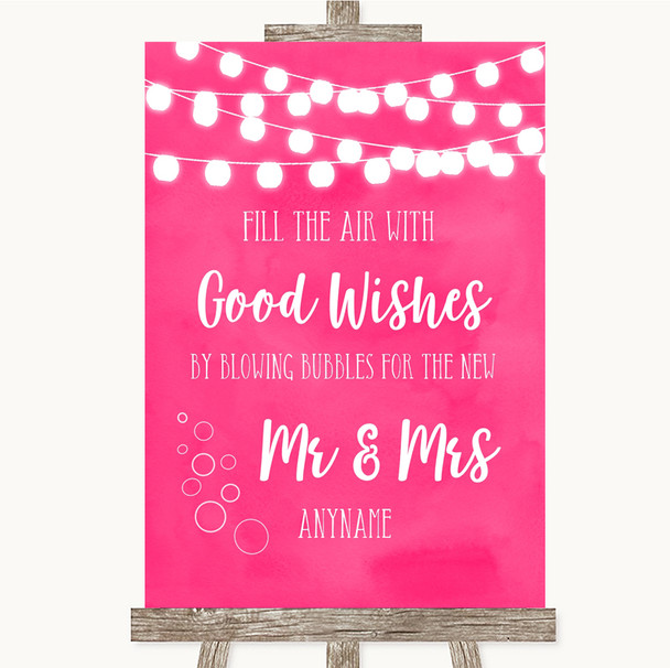 Hot Fuchsia Pink Watercolour Lights Blow Bubbles Personalised Wedding Sign