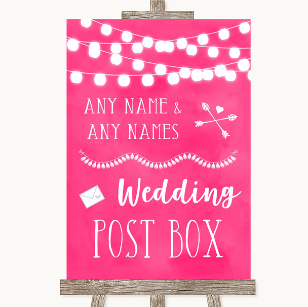 Hot Fuchsia Pink Watercolour Lights Card Post Box Personalised Wedding Sign