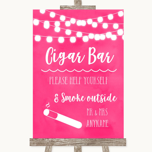 Hot Fuchsia Pink Watercolour Lights Cigar Bar Personalised Wedding Sign