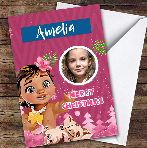 Moana Sea Pink Girl's Photo Custom Kids Personalised Christmas Card