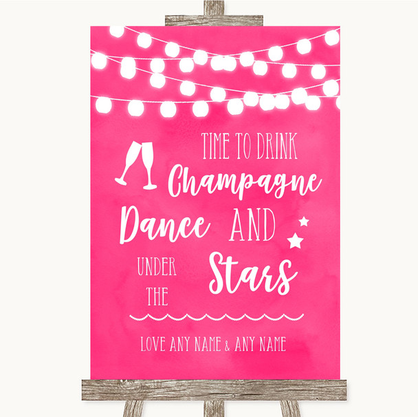 Hot Fuchsia Pink Watercolour Lights Drink Champagne Dance Stars Wedding Sign