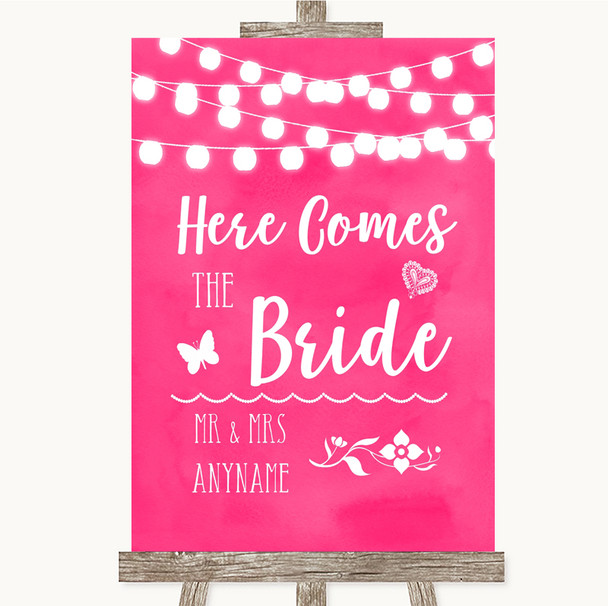 Hot Fuchsia Pink Watercolour Lights Here Comes Bride Aisle Wedding Sign
