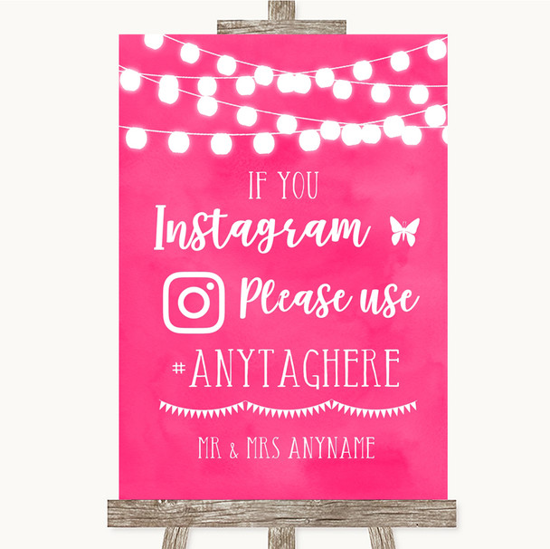 Hot Fuchsia Pink Watercolour Lights Instagram Hashtag Personalised Wedding Sign