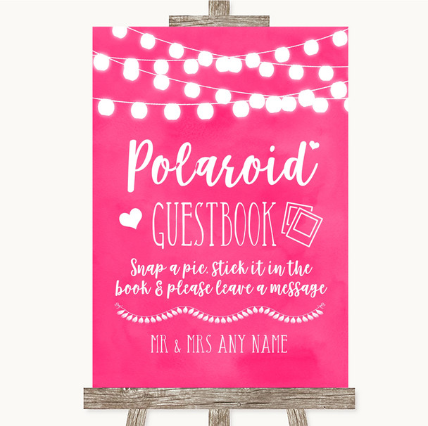 Hot Fuchsia Pink Watercolour Lights Polaroid Guestbook Personalised Wedding Sign