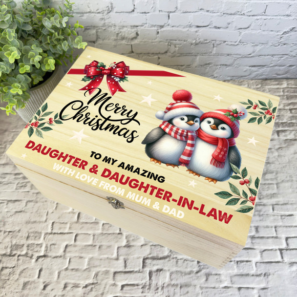 Daughter and Daughter-In-Law Penguin Wooden Personalised Christmas Hamper Gift Box