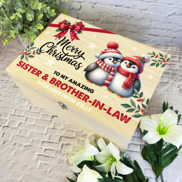 Sister and Brother-In-Law Penguin Wooden Personalised Christmas Hamper Gift Box