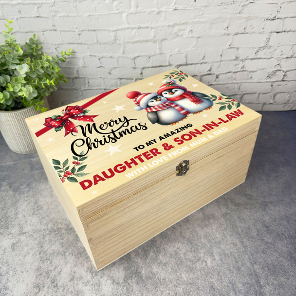 Daughter and Son-In-Law Penguin Wooden Personalised Christmas Hamper Gift Box Daughter and Son-In-Law Penguin Wooden Personalised Christmas Hamper Gift Box