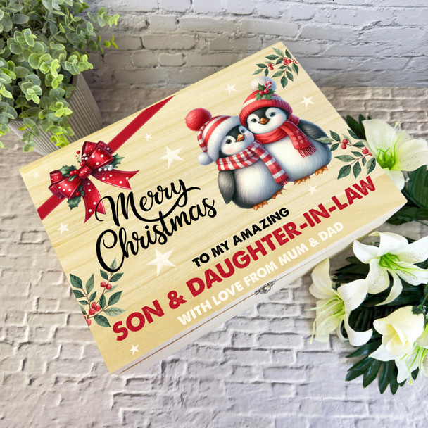 Son and Daughter-In-Law Penguin Wooden Personalised Christmas Hamper Gift Box