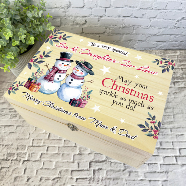 Son and Daughter-In-Law Snowmen Wooden Personalised Christmas Hamper Gift Box