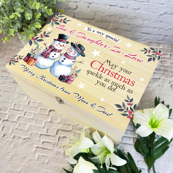 Son and Daughter-In-Law Snowmen Wooden Personalised Christmas Hamper Gift Box