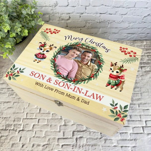 Son and Son-In-Law Wreath Wooden Personalised Photo Christmas Hamper Gift Box