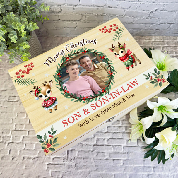 Son and Son-In-Law Wreath Wooden Personalised Photo Christmas Hamper Gift Box Son and Son-In-Law Wreath Wooden Personalised Photo Christmas Hamper Gift Box