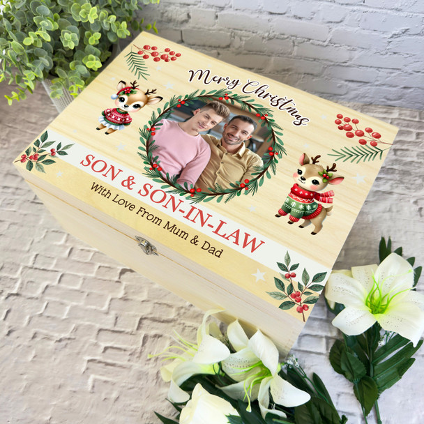 Son and Son-In-Law Wreath Wooden Personalised Photo Christmas Hamper Gift Box Son and Son-In-Law Wreath Wooden Personalised Photo Christmas Hamper Gift Box