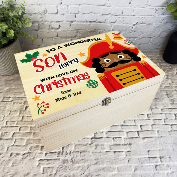 Wooden Personalised Christmas Hamper Gift Box For Son Dark Skin Nutcracker