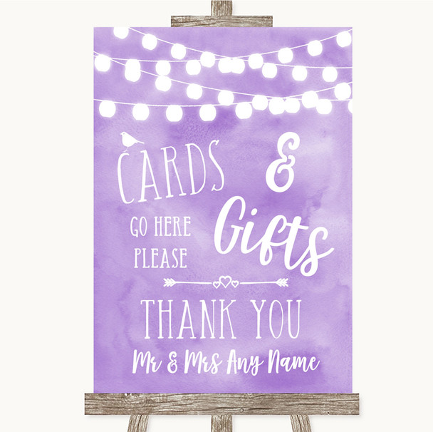 Lilac Watercolour Lights Cards & Gifts Table Personalised Wedding Sign