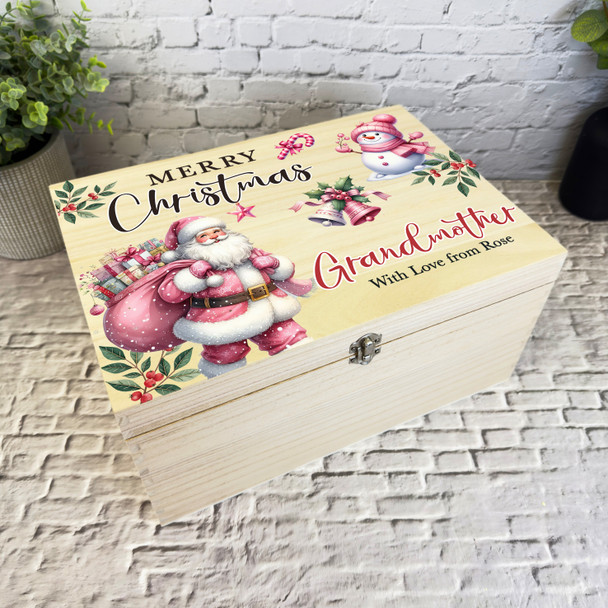 To Grandmother Pink Santa Wooden Personalised Christmas Hamper Gift Box