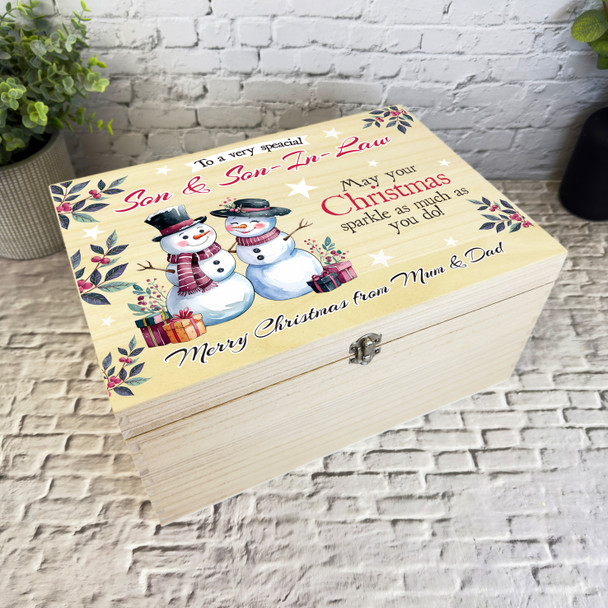 Son and Son-In-Law Snowmen Wooden Personalised Christmas Hamper Gift Box