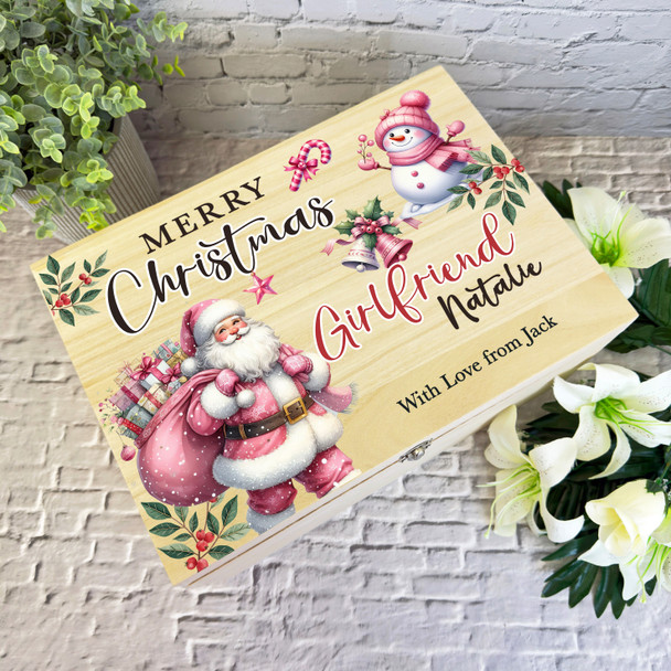 To Girlfriend Pink Santa Wooden Personalised Christmas Hamper Gift Box