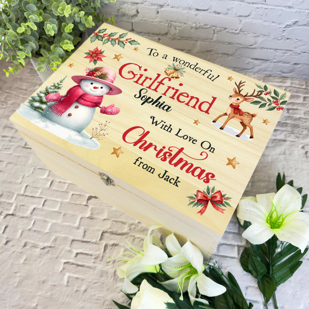 Snowmen Wooden Personalised Christmas Hamper Gift Box For Girlfriend